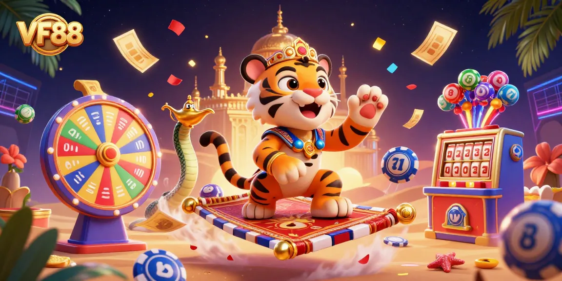 Experience VFF88's thrilling online betting adventure with a vibrant casino-themed 3D illustration.