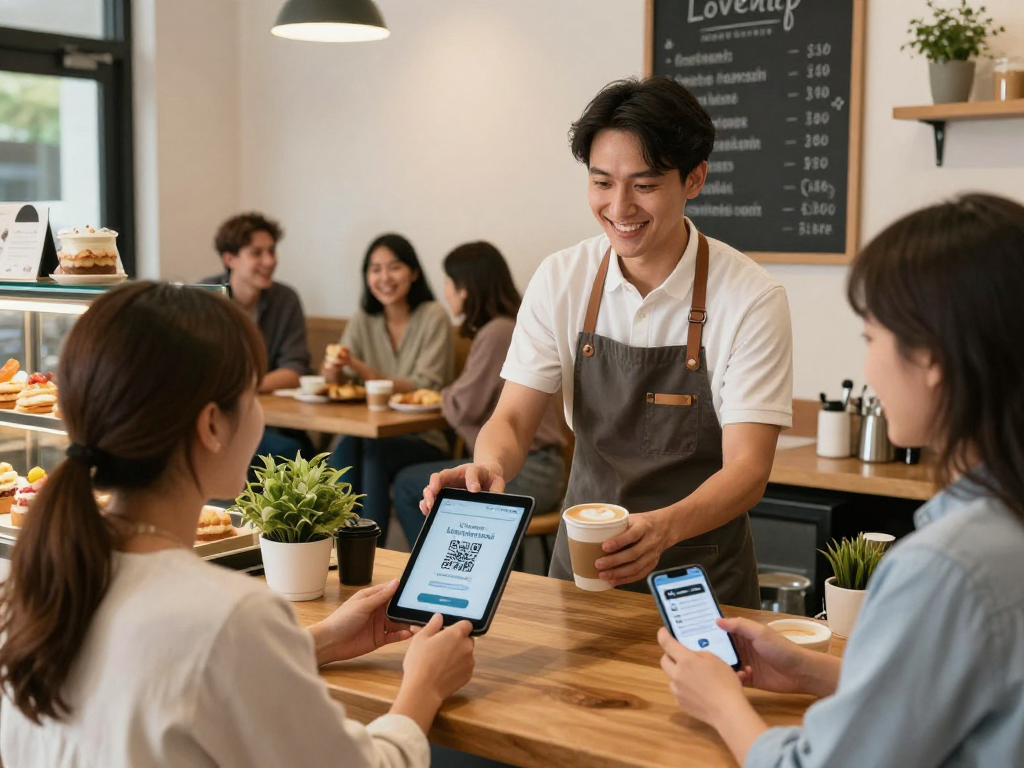 Engaging loyalty program in a local cafe, showcasing customer interaction and rewards.