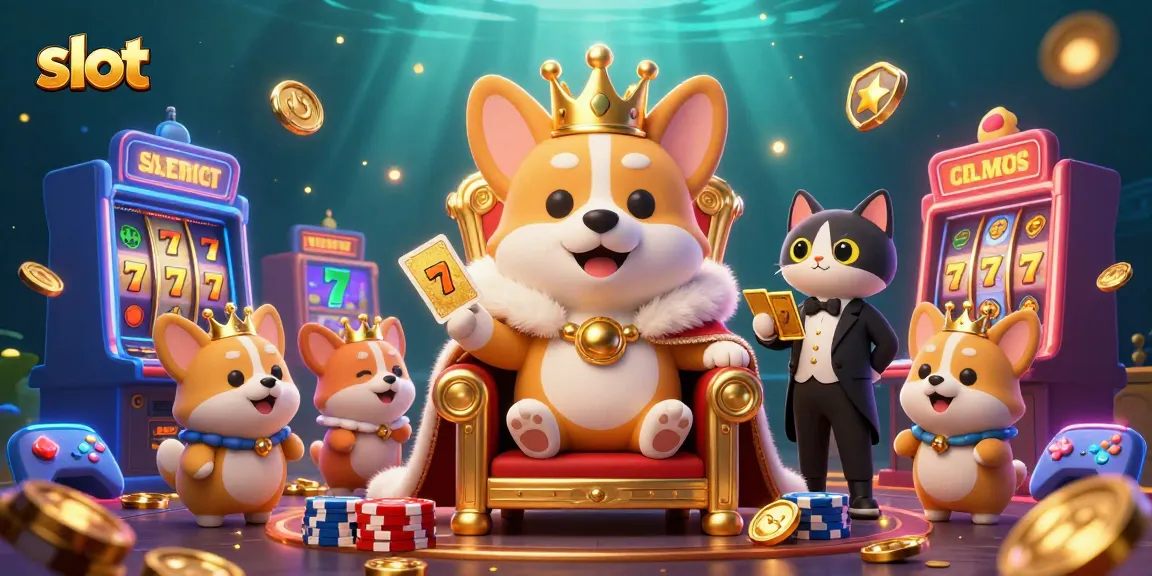 Spin the slot reels with a royal corgi on a throne of chips, showcasing vibrant casino elements.