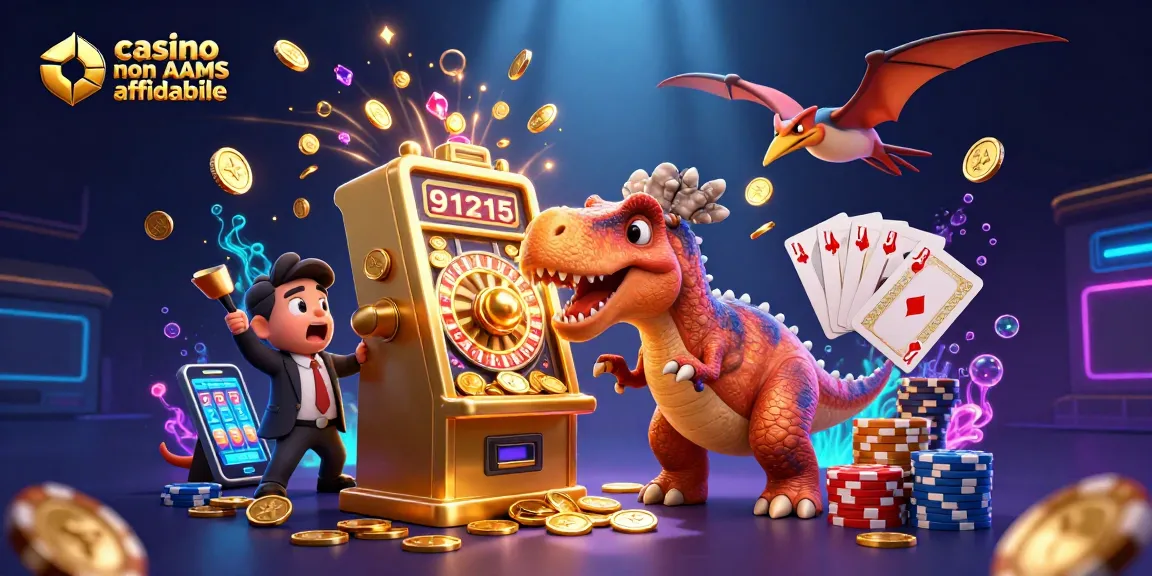 Slot machine dorata paga jackpot mentre un ankylosauro gestisce un casinò non AAMS affidabile in un'atmosfera vivace.