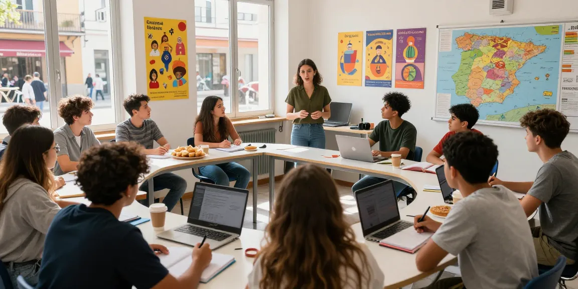 Corsi di spagnolo in Spagna, studenti impegnati in una lezione di lingua interattiva in un vivace contesto scolastico spagnolo