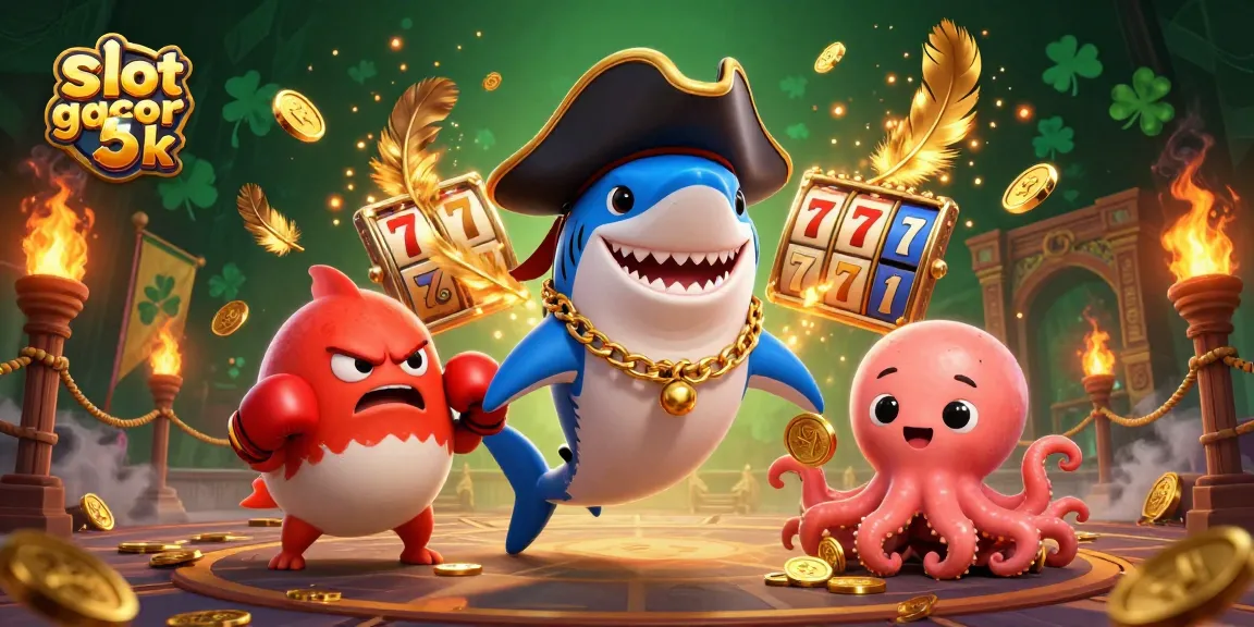 Spin the reels on slot gacor 5k while the pirate shark, pufferfish, and octopus celebrate with gold coins.