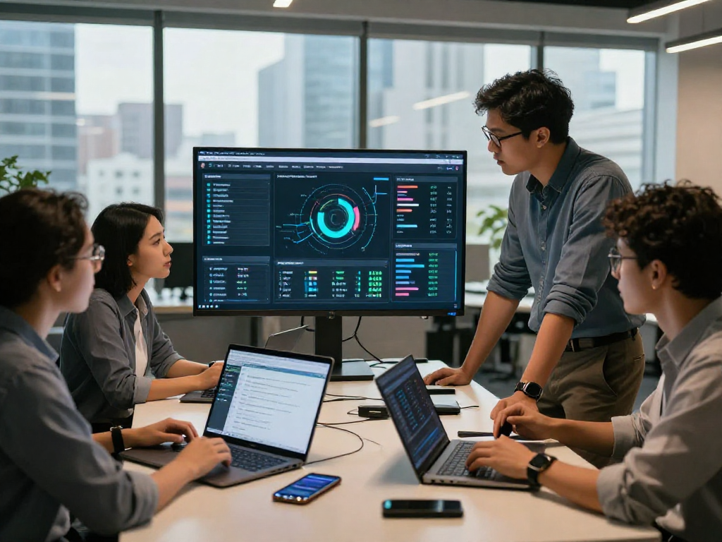 Document fraud detection analysis in a modern office environment with professionals collaborating over analytical dashboards.