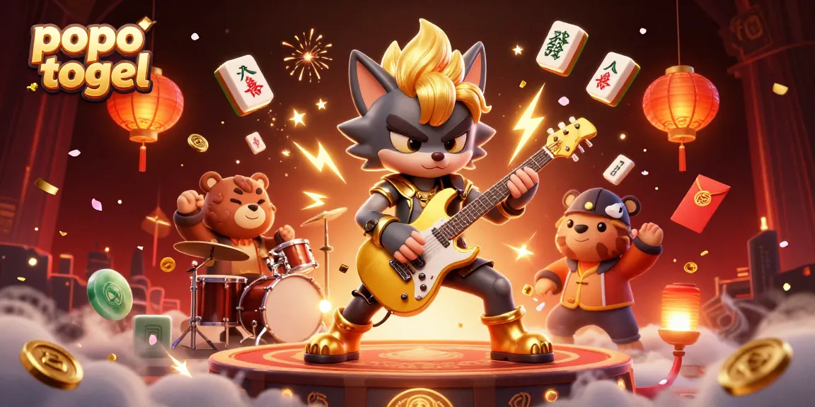 Experience popo togel excitement in a vibrant, dynamic casino scene with cartoon characters and elements.