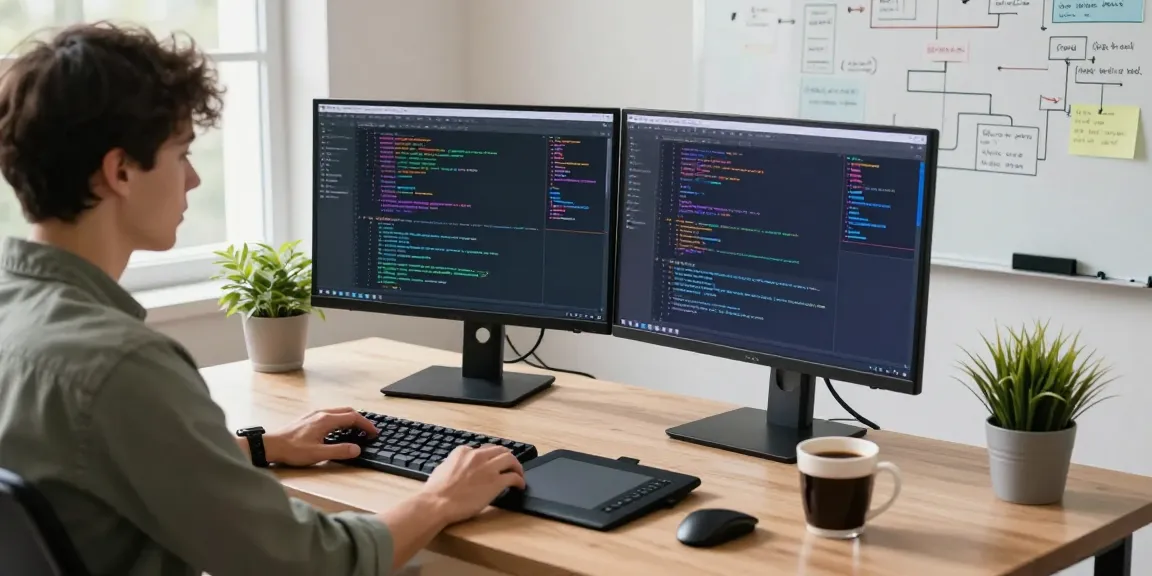 Dynamic workspace with a developer working on snipaste下载, featuring dual monitors and tech tools.