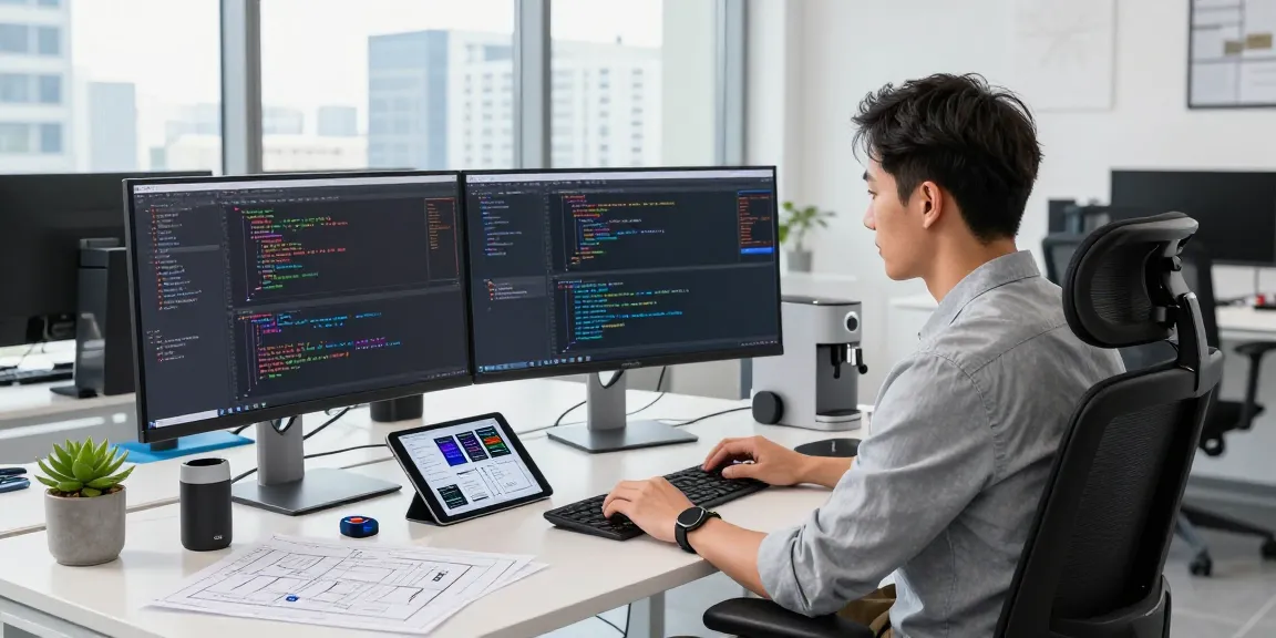 Developer engaged in coding at modern tech workspace with dual monitors showcasing kecak4d algorithms and design mockups.