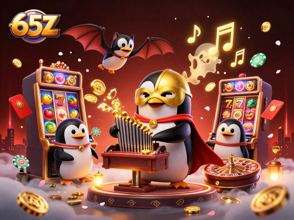 65Z envolvente cena de cassino com um pinguim fantasma e batacroata, jogando em máquinas de caça-níqueis
