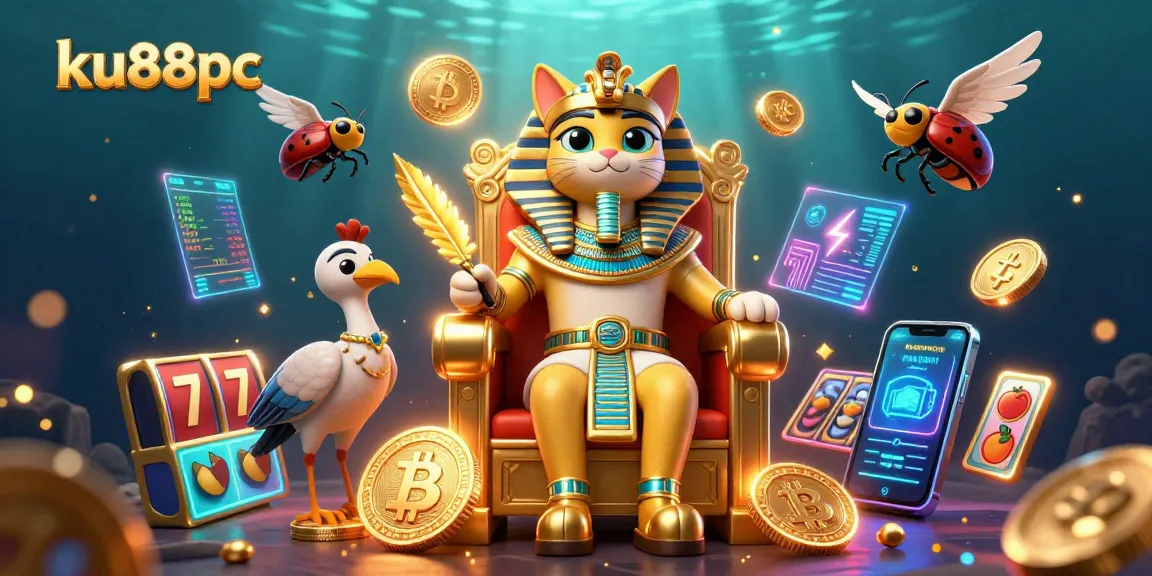 Engage with ku88pc’s vibrant 3D casino scene featuring a pharaoh cat and crypto elements.
