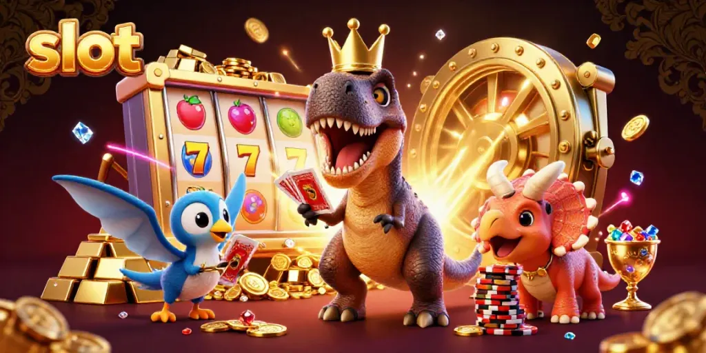 Spin the slot reels with excitement as a T-Rex and friends stack riches in this vibrant casino illustration.