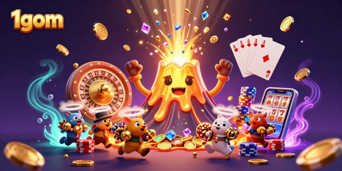 Experience the thrill of 1gom's dynamic gaming scene with a golden volcano bursting coins and treasures.