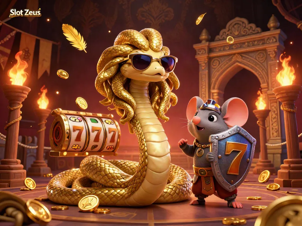 Spin the reels with Slot Zeus, featuring Medusa and a warrior mouse in a vibrant casino.