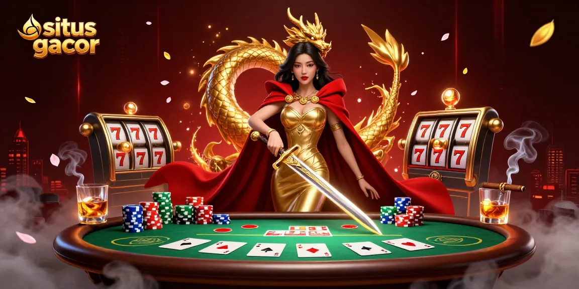 Engage in fun at situs gacor with a stunning warrior queen amid vibrant casino elements.