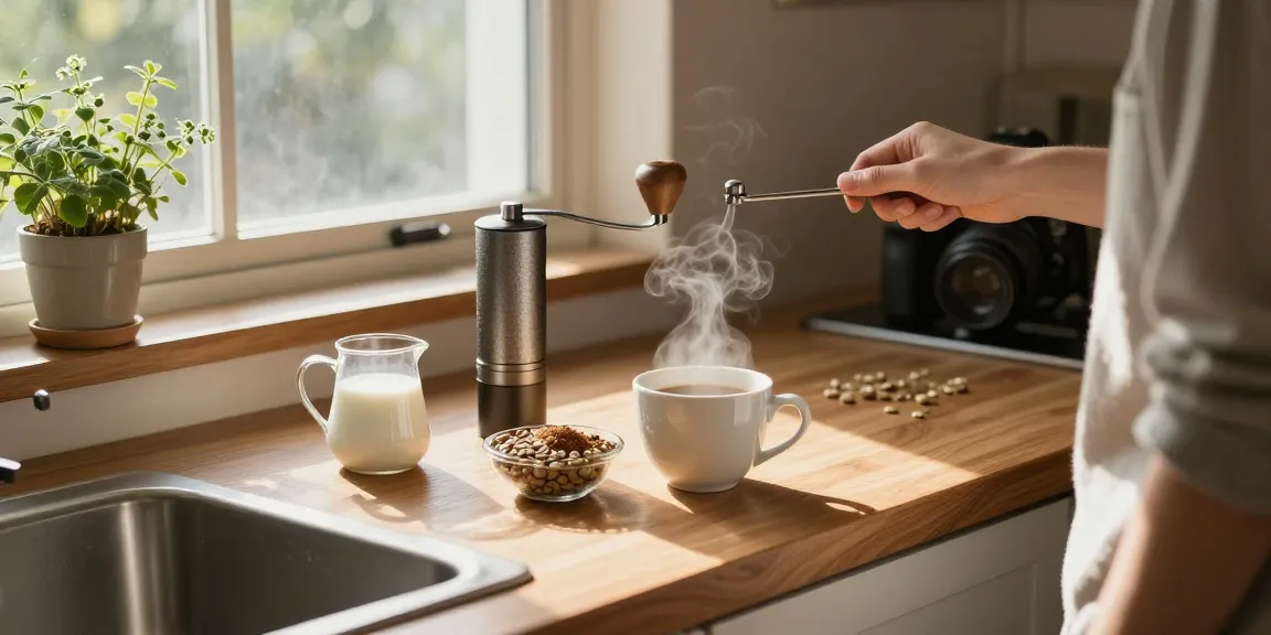 How to Prepare White Coffee? A person steaming milk and grinding white coffee beans in a cozy kitchen setting.