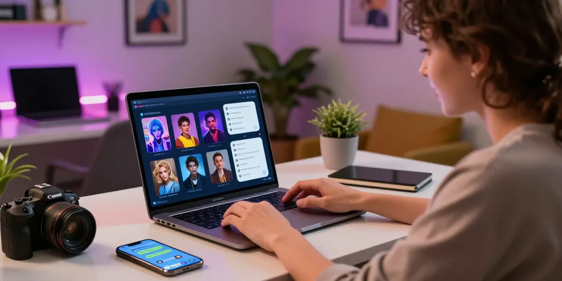Engaged user interacting with nsfw ai characters on a laptop in a modern tech setting.