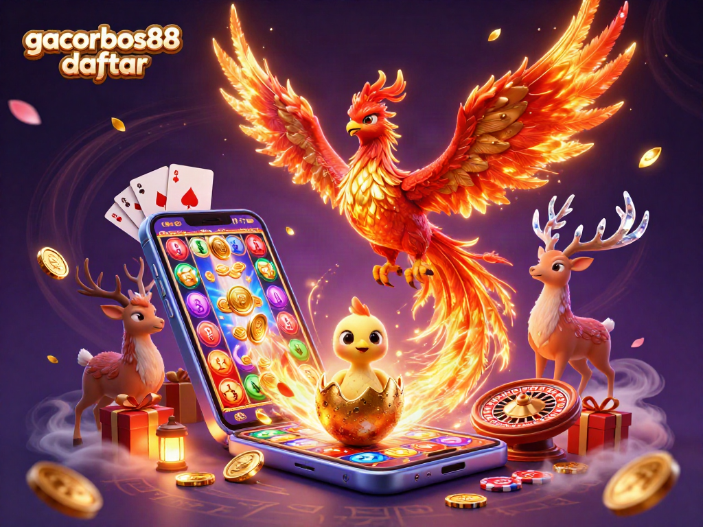 Experience the excitement of gacorbos88 daftar with a dynamic casino scene featuring a phoenix and lavish game elements.