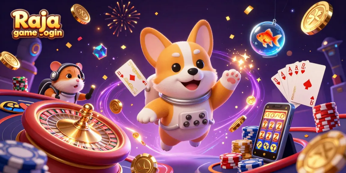 Experience the thrill of Raja game login with colorful casino elements and animated characters.