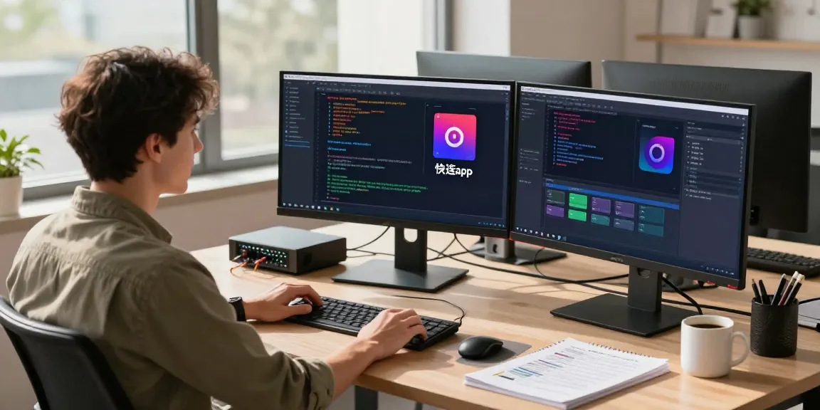 Developing 快连 app in a tech workspace with multiple monitors and warm lighting.