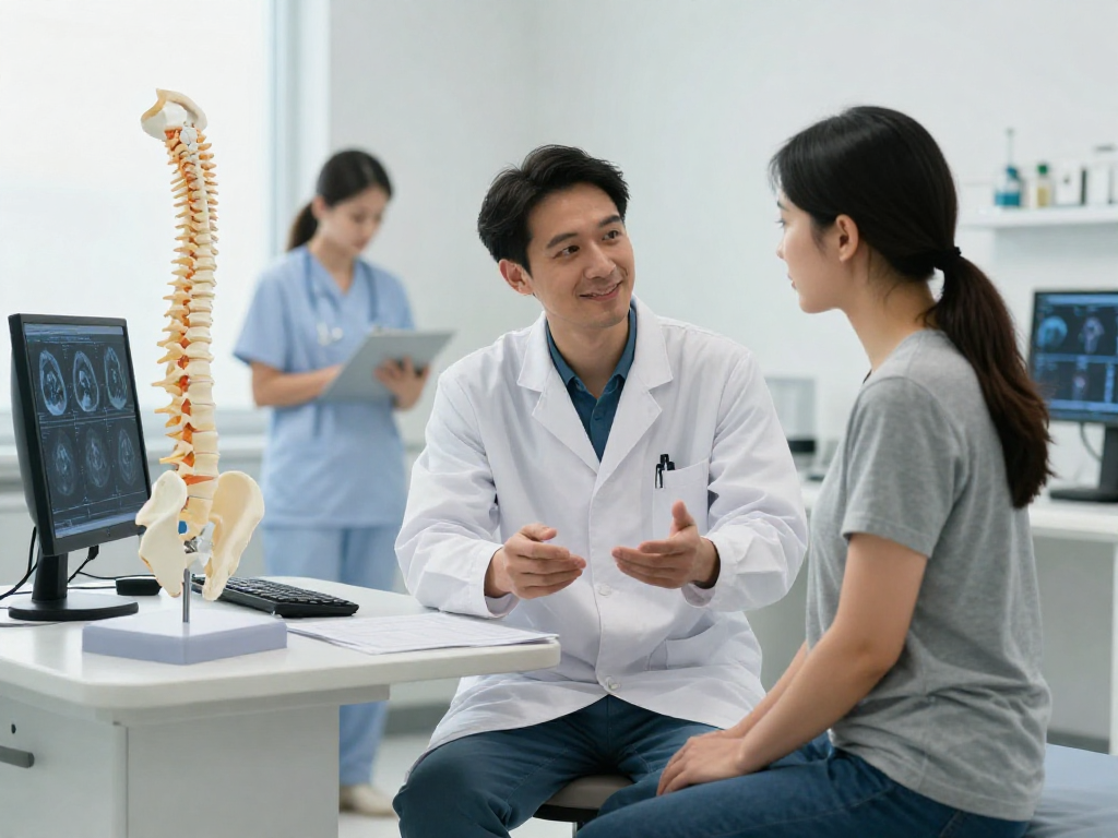 Bel fıtığı ameliyatı discussion between surgeon and patient in a clinical setting.