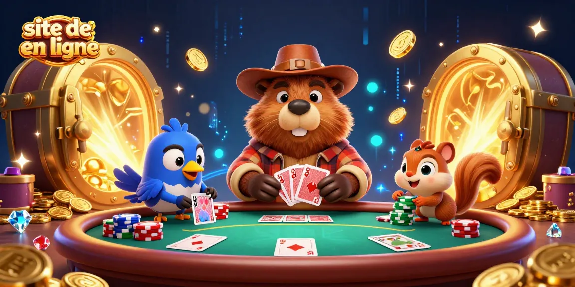 Jouer au poker en ligne sur un site de poker en ligne avec des personnages colorés autour d'une table animée.