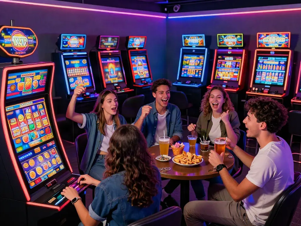 Friends enjoying a lively slot gaming session in a vibrant lounge, surrounded by themed machines and colorful neon lights.