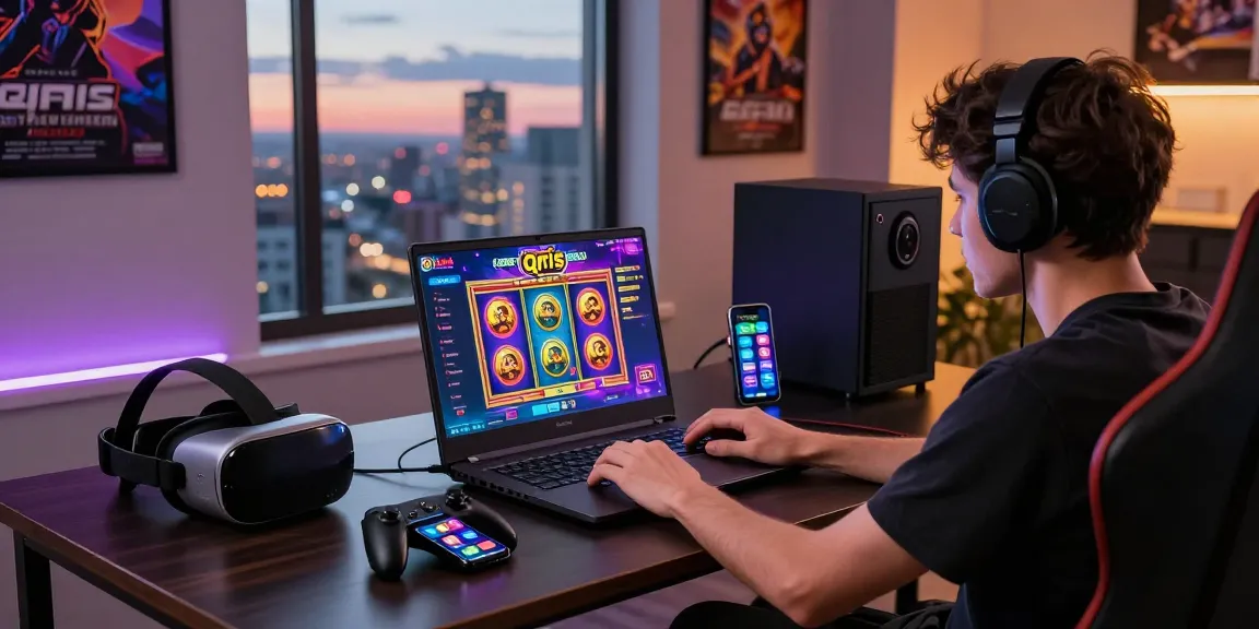 Engaging online gaming environment showcasing a user playing slot qris on vibrant interface with gadgets and cityscape.