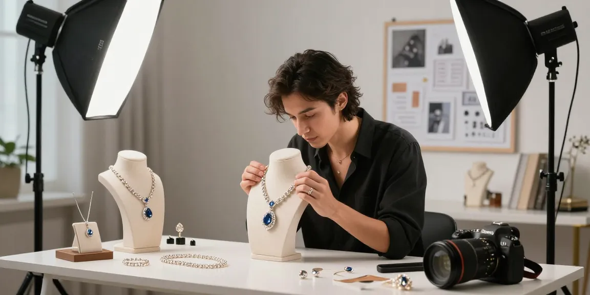 Photographe de bijoux dans un studio professionnel, créant une mise en scène élégante pour mettre en valeur les détails des bijoux.