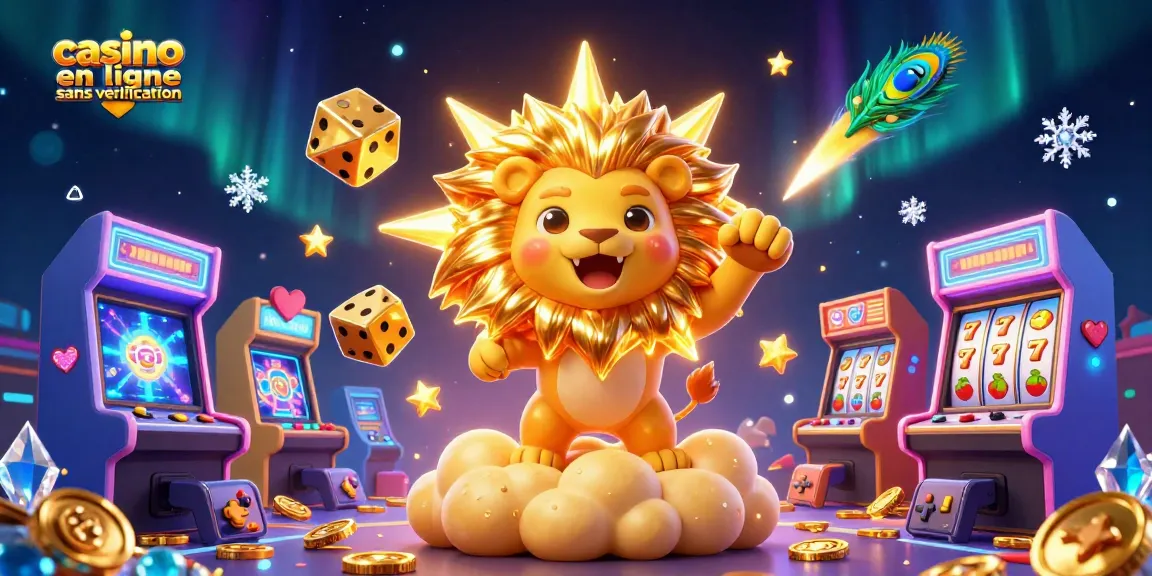 Jouez sur un casino en ligne sans vérification avec un lion en 3D et des dés dorés.