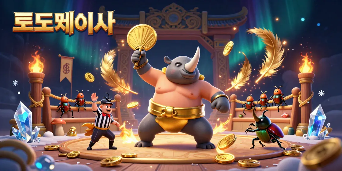 Experience the thrill of 토토사이트 with a vibrant 3D illustration of a beetle sumo champion in action.