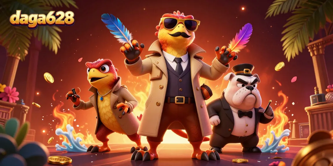 daga628 offers thrilling cockfighting action with raptors in a vibrant casino scene.