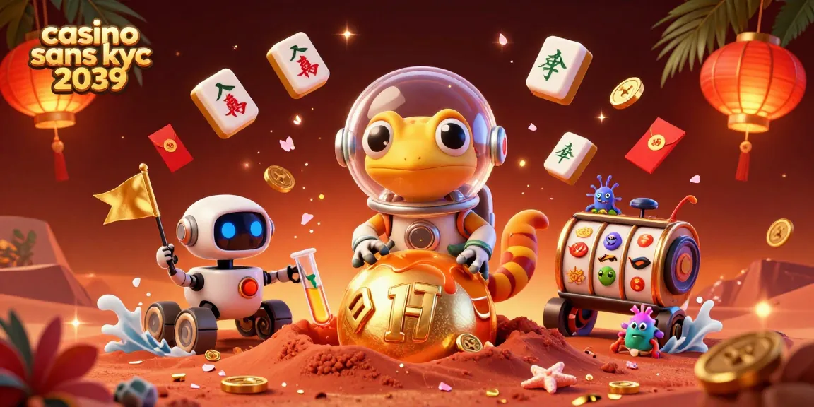 Découvrez un casino sans KYC 2039 avec un gecko Martien et des éléments de jeu animés.