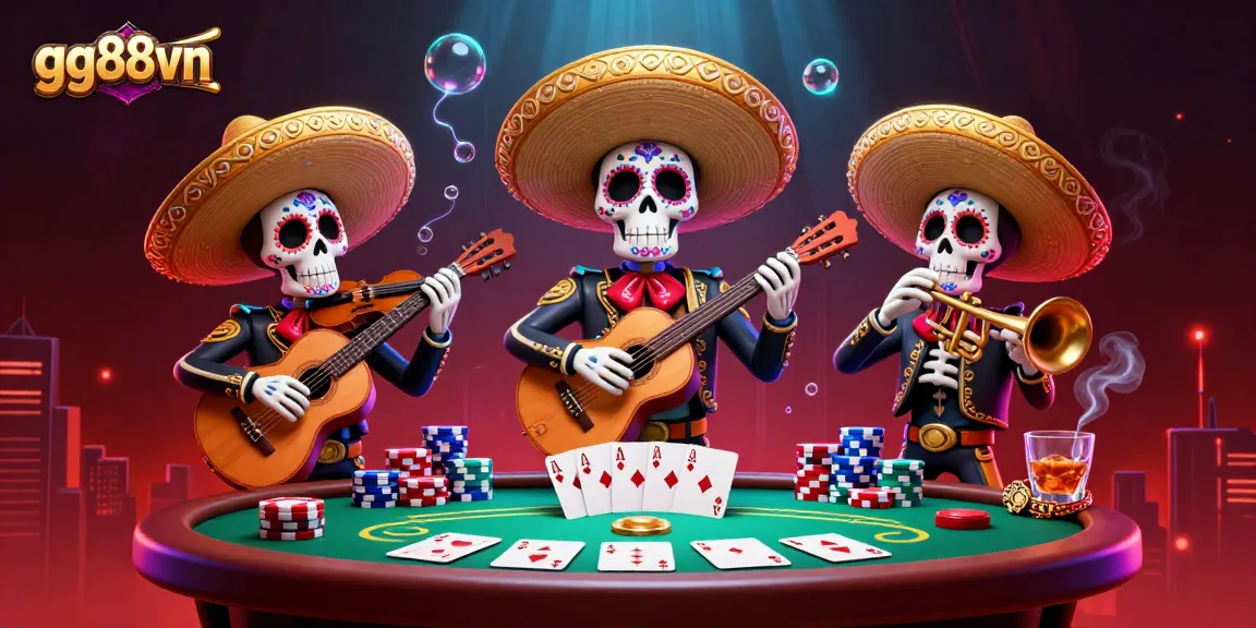 Experience thrilling gameplay with gg88vn, where a vibrant mariachi band sets the stage for poker action.