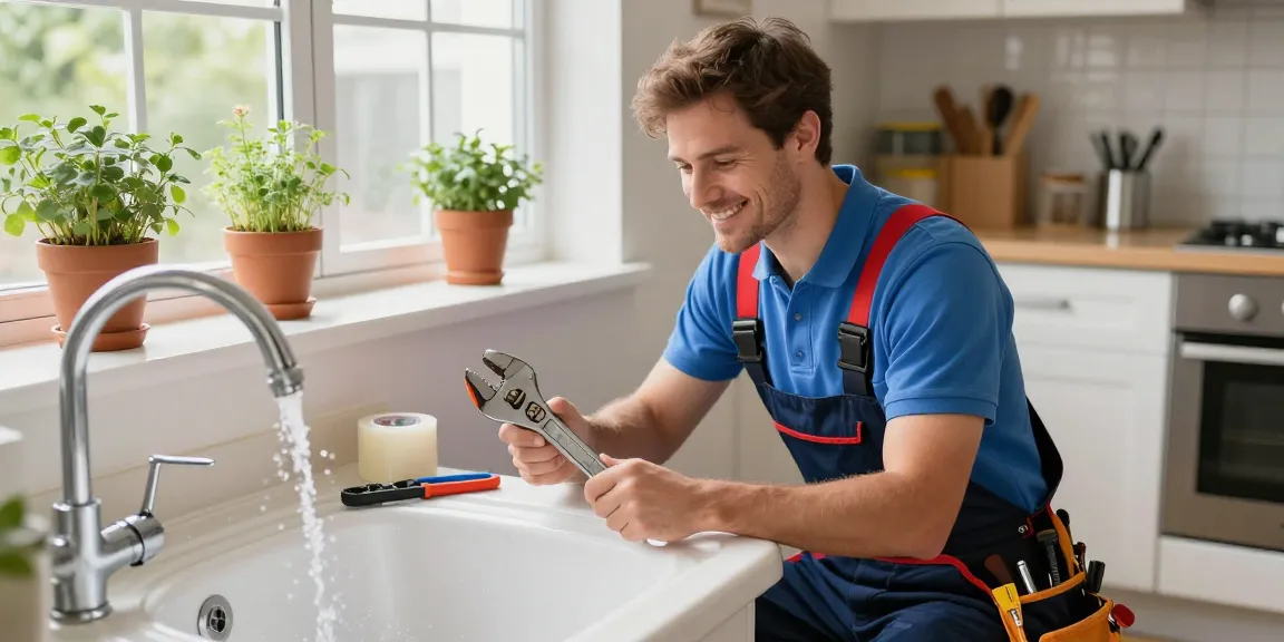 Plumber fixing a sink in a bright kitchen, learn more about reliable plumbing services.