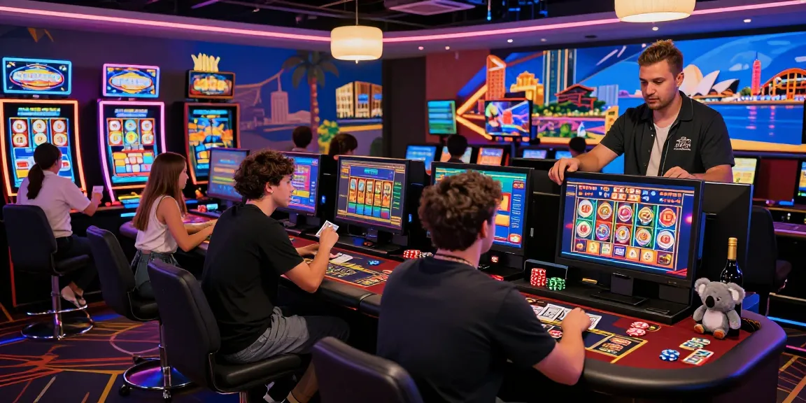 Engaging online casinos Australia scene with diverse players enjoying virtual gaming activities, vibrant atmosphere, and Australian cultural elements.