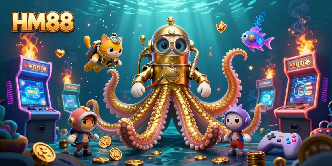 Experience winning at HM88 with a captivating illustration of a kraken and diving cat in a vibrant underwater casino.