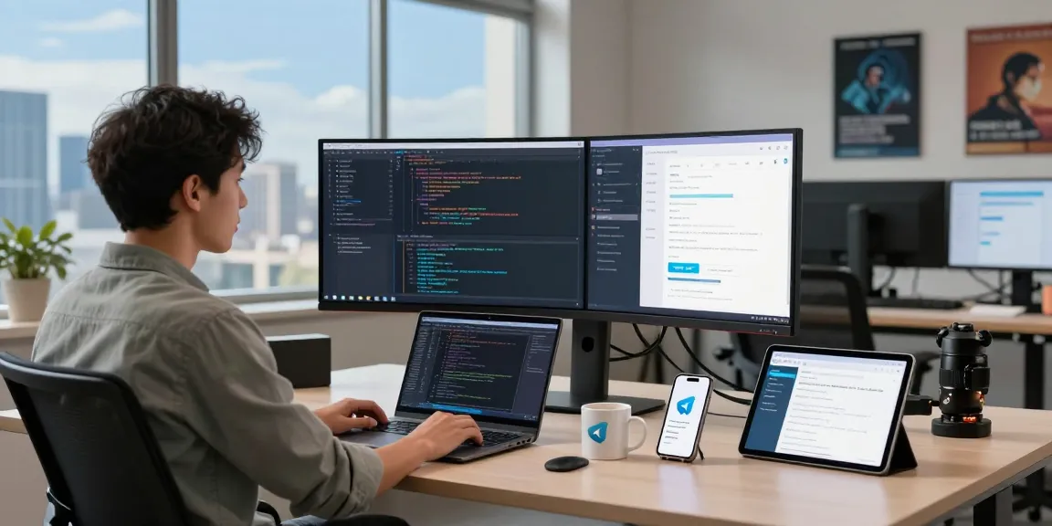 Engaged software developer using telegraimin.com on a modern workspace with coding monitors and urban skyline.