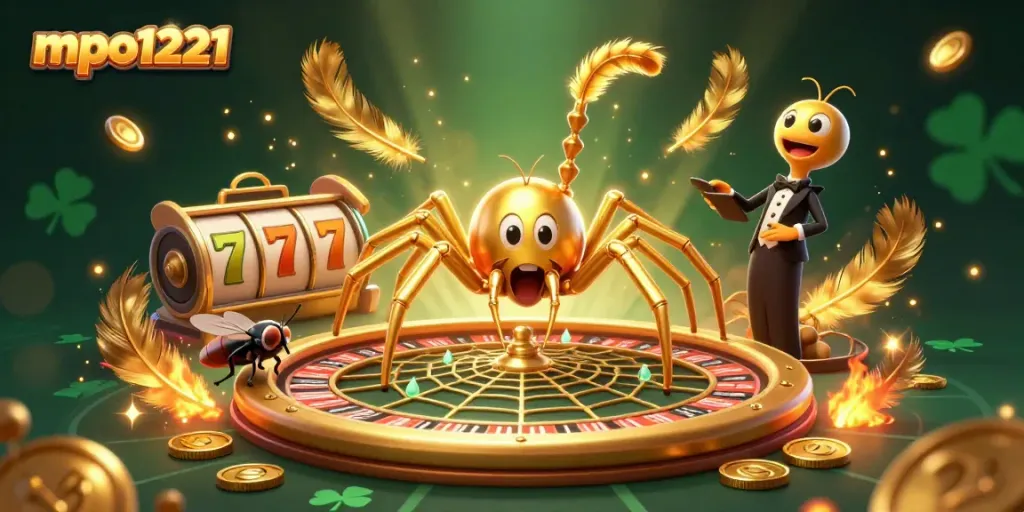 Spin the roulette with mpo1221's golden spider collector in a vibrant 3D casino scene.