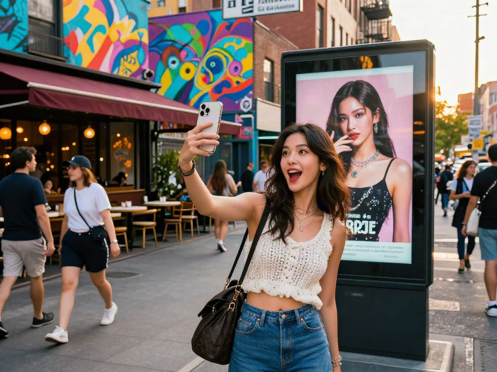 Dynamic urban scene showcasing a young woman excitedly comparing herself to a celebrity look alike on a billboard.