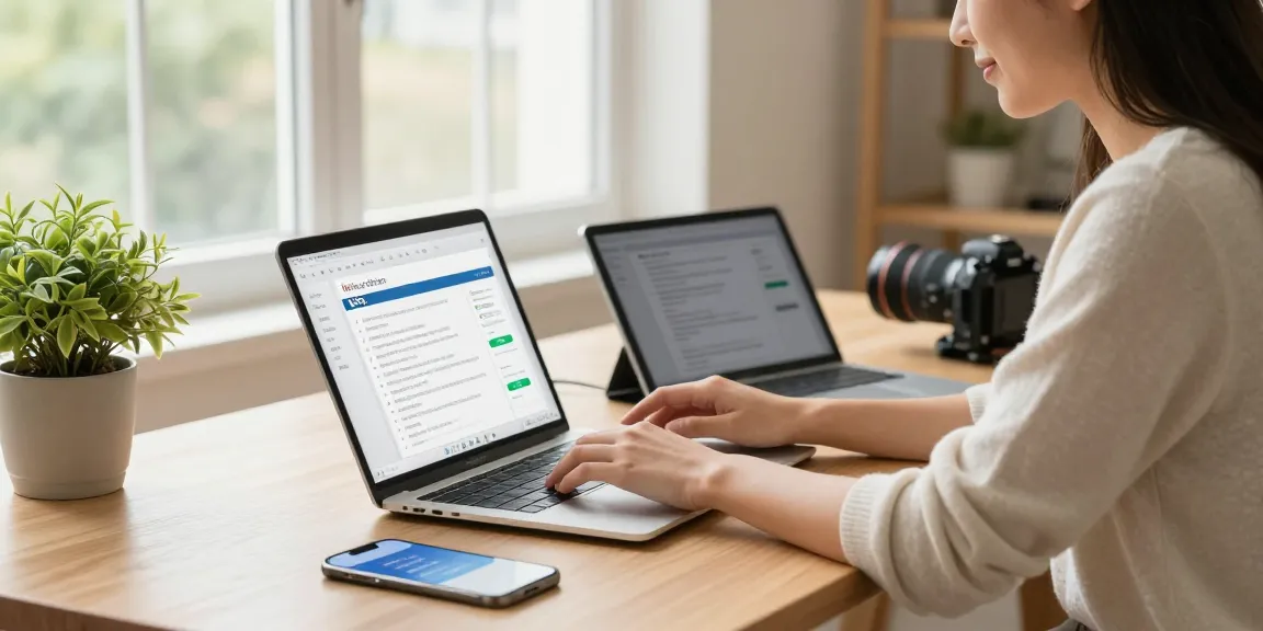 Professional woman using wps下载 on laptop in modern home office with tablet and smartphone.