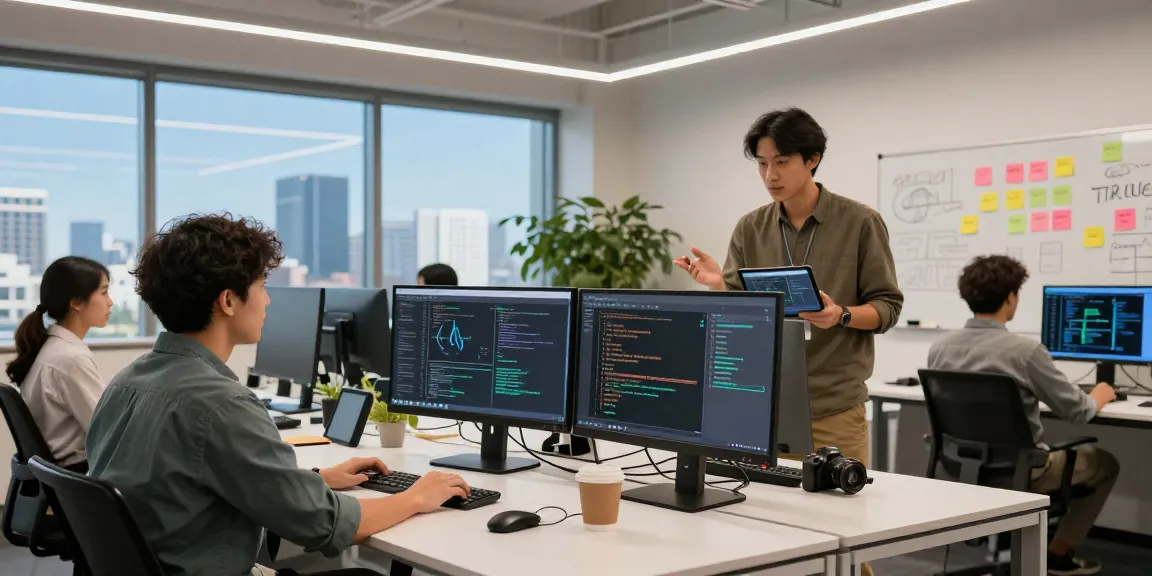 Collaborative team of software developers using AI detection tools in a modern workspace to detect AI images.
