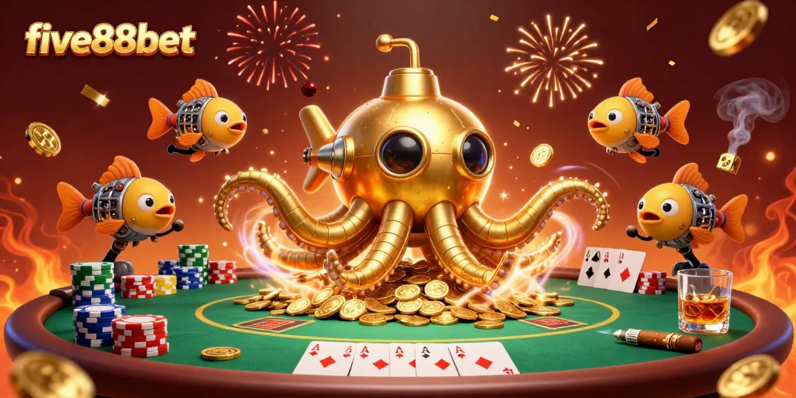 Experience thrilling gaming action with five88bet's 3D kraken submarine bursting through gold coins.