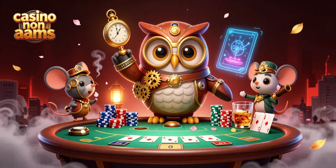 Interagisci con i casino non aams in una scena dinamica con un gufo viaggiatore nel tempo immerso in un entusiasmante setup di poker.