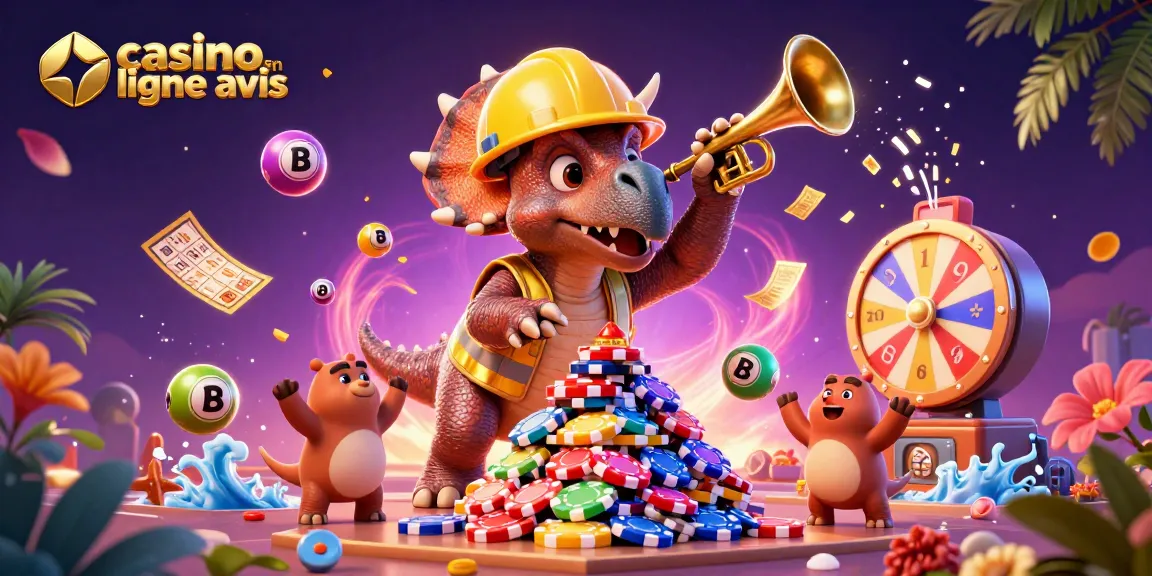 Un avis casino en ligne sur des personnages joyeux célébrant autour d'éléments de jeux dynamiques.