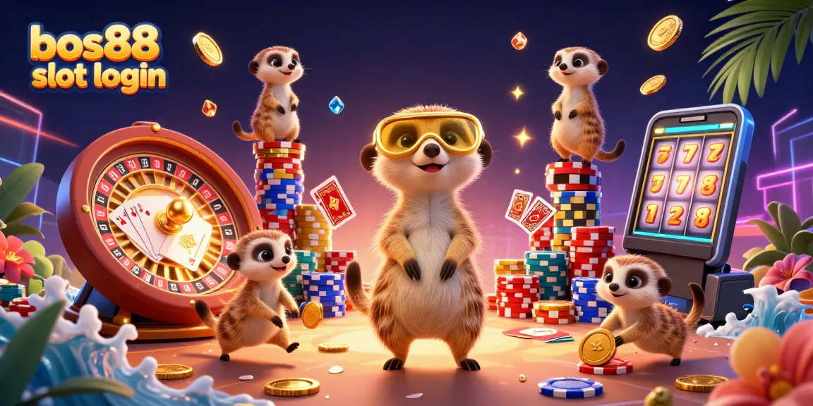 Engage with bos88 slot login in a vibrant 3D casino scene filled with meerkats and dynamic game elements.