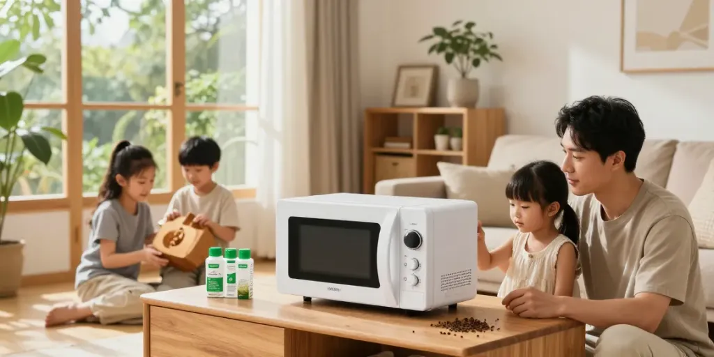 Family using SHASHEL® microwave technology in cozy home for efficient woodworm elimination.
