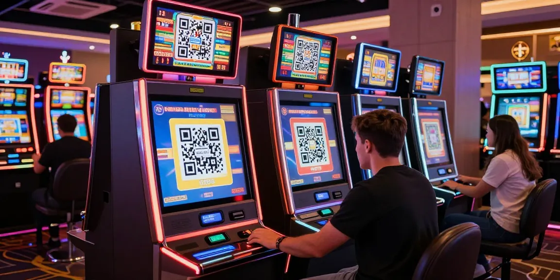 Slot qris integration in a vibrant casino setting with players engaging with digital machines.