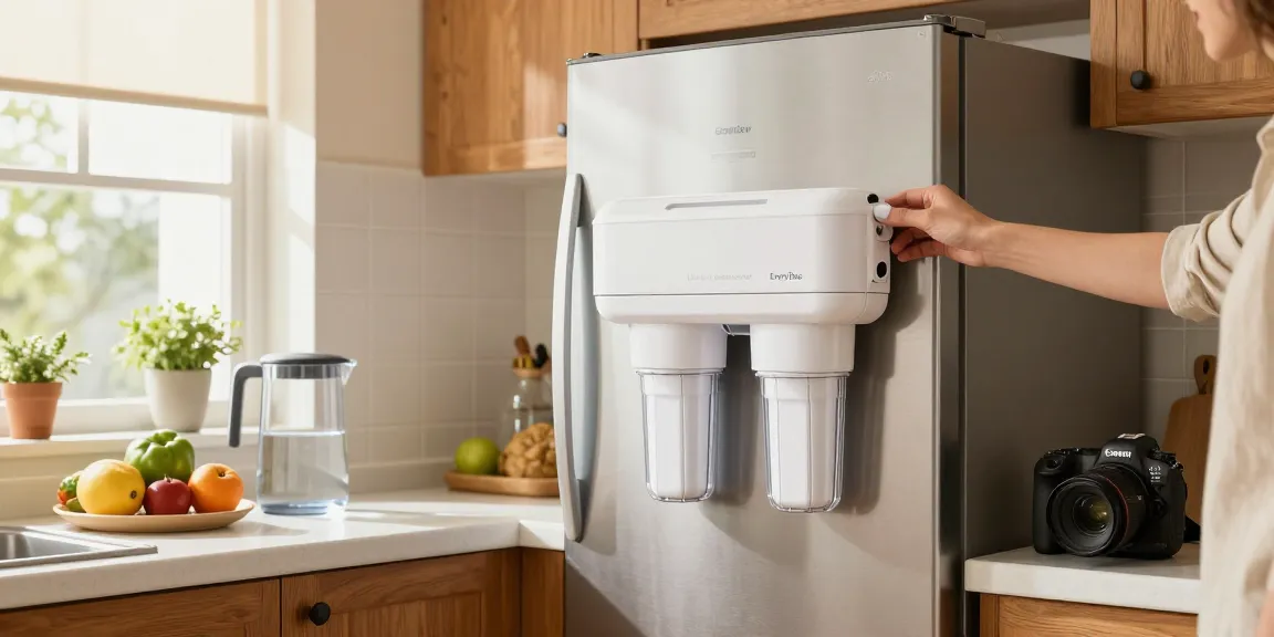 Installing Overbest UKF8001 Replacement for EveryDrop by Whirlpool Refrigerator Water Filter 4 in a bright kitchen setting.