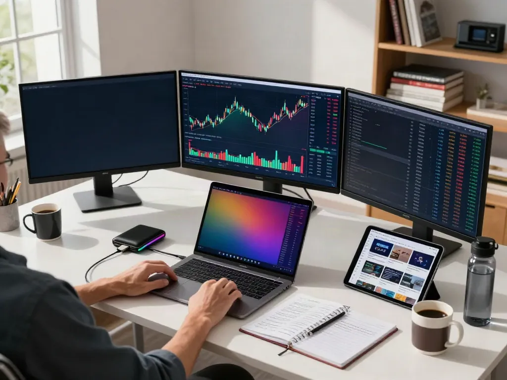 Dynamic trading environment showcasing stock tick data API on multiple monitors in a modern office