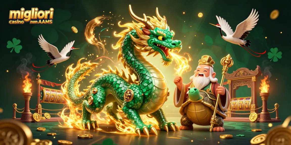 Gioca con fortuna ai migliori casino non AAMS con un drago di giada e una tartaruga saggia in stile cartone animato.
