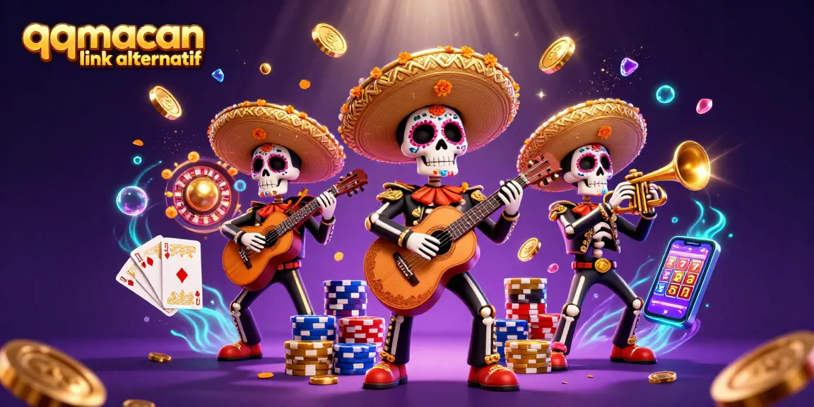 Experience thrilling gameplay with qqmacan link alternatif in a vibrant casino scene featuring 3D skeleton mariachi musicians.