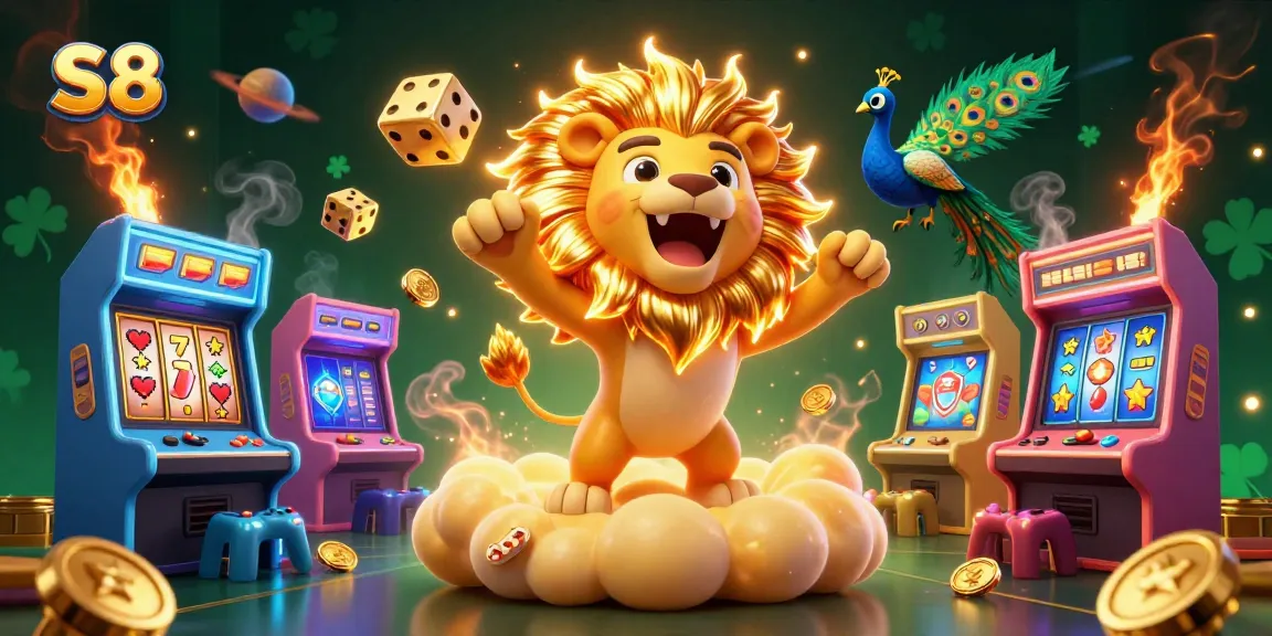 Engage in thrilling gameplay with the S8 casino featuring a vibrant illustration of a sun lion among cascading golden elements.